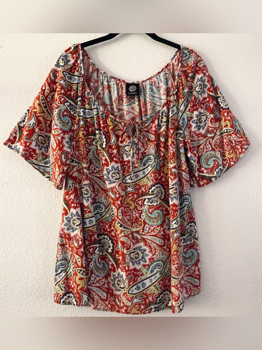 Bobeau   Womens Red Paisley Flutter Sleeve Peasant Blouse  Size XL